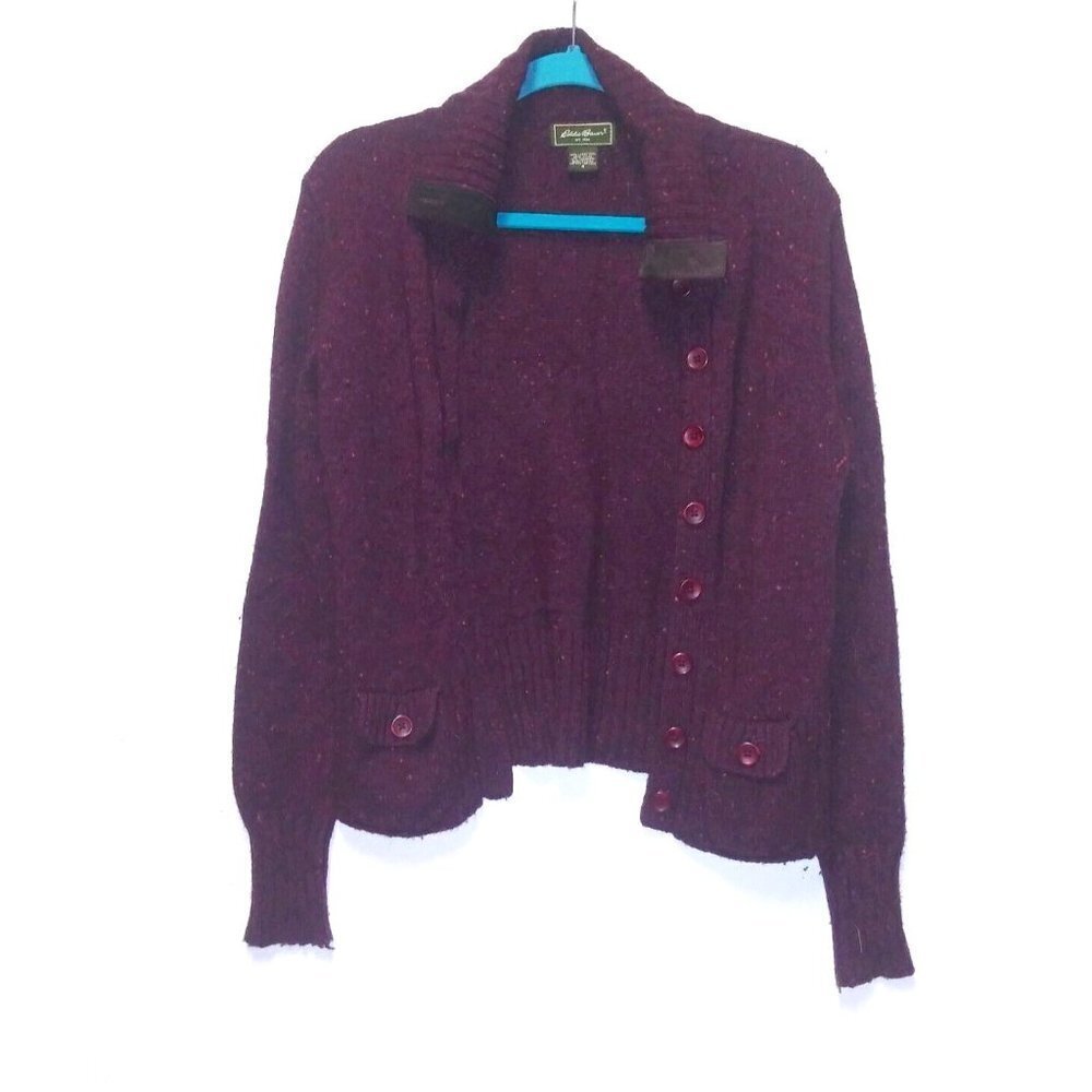 Eddie Bauer Cardigan Sweater Lambswool Blend Sz S Womens PLUM color elbow patch
